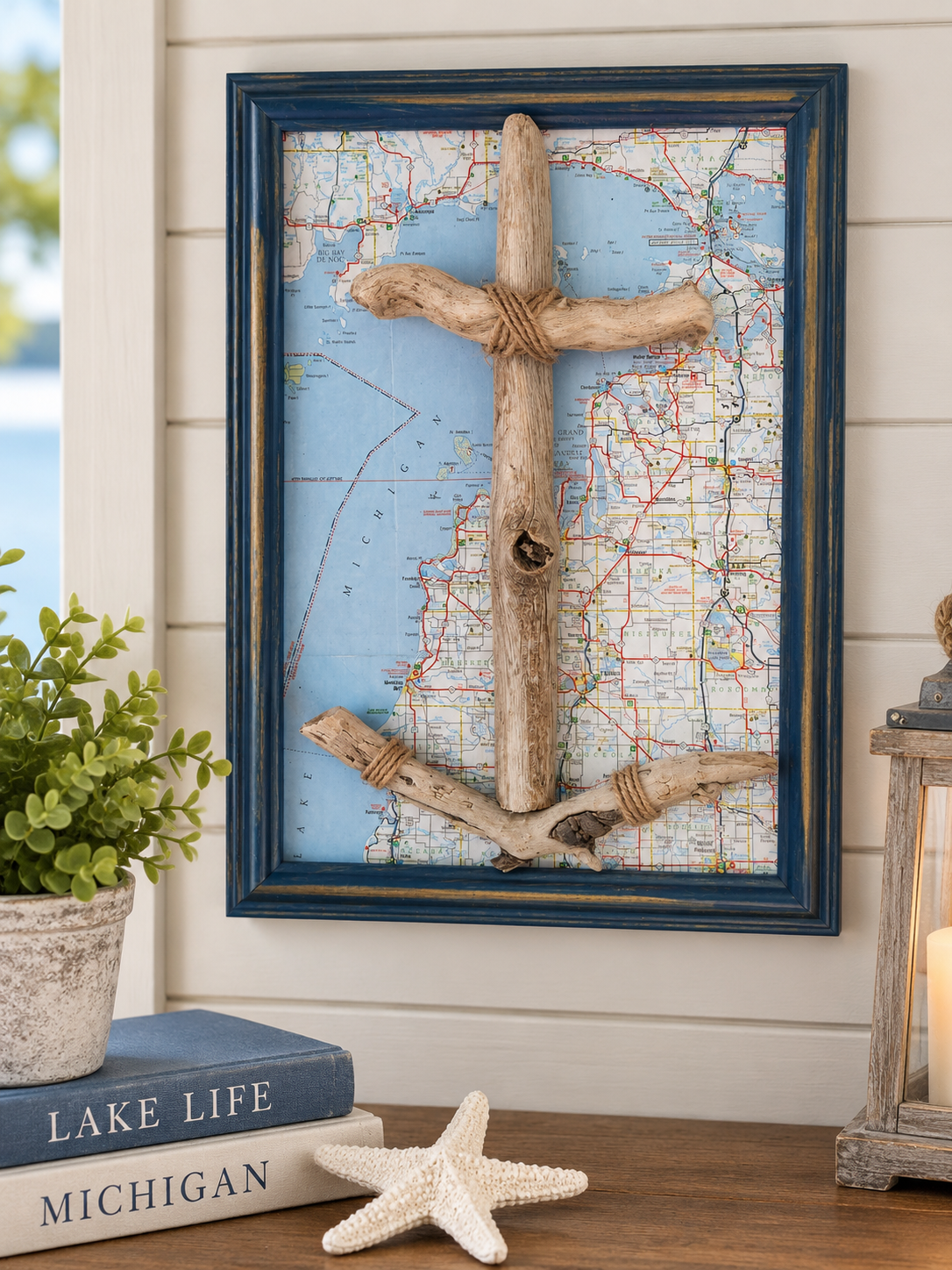 Handmade Driftwood Anchor Wall Art – Michigan Map Coastal Lake House Decor
