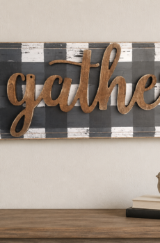 Rustic Gather Sign | Buffalo Plaid Wood Wall Decor | Farmhouse Kitchen & Dining Room Sign