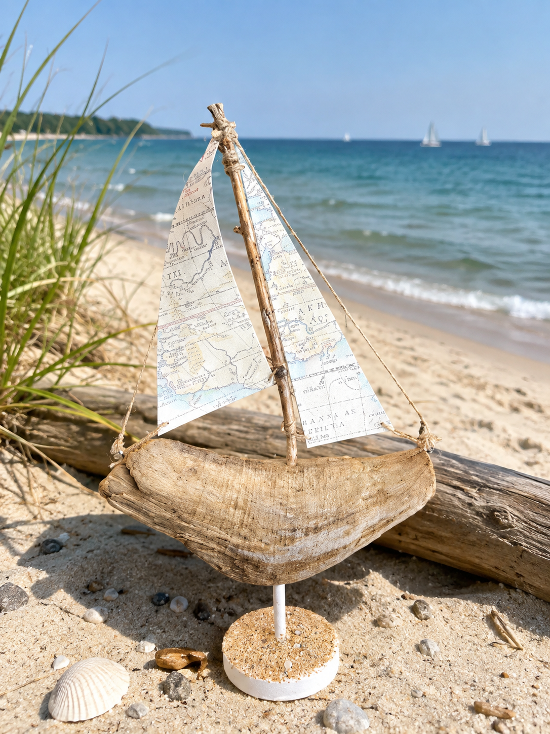 Handmade Driftwood Sailboat with Vintage Map Sails – Coastal Nautical Decor - Made in the USA
