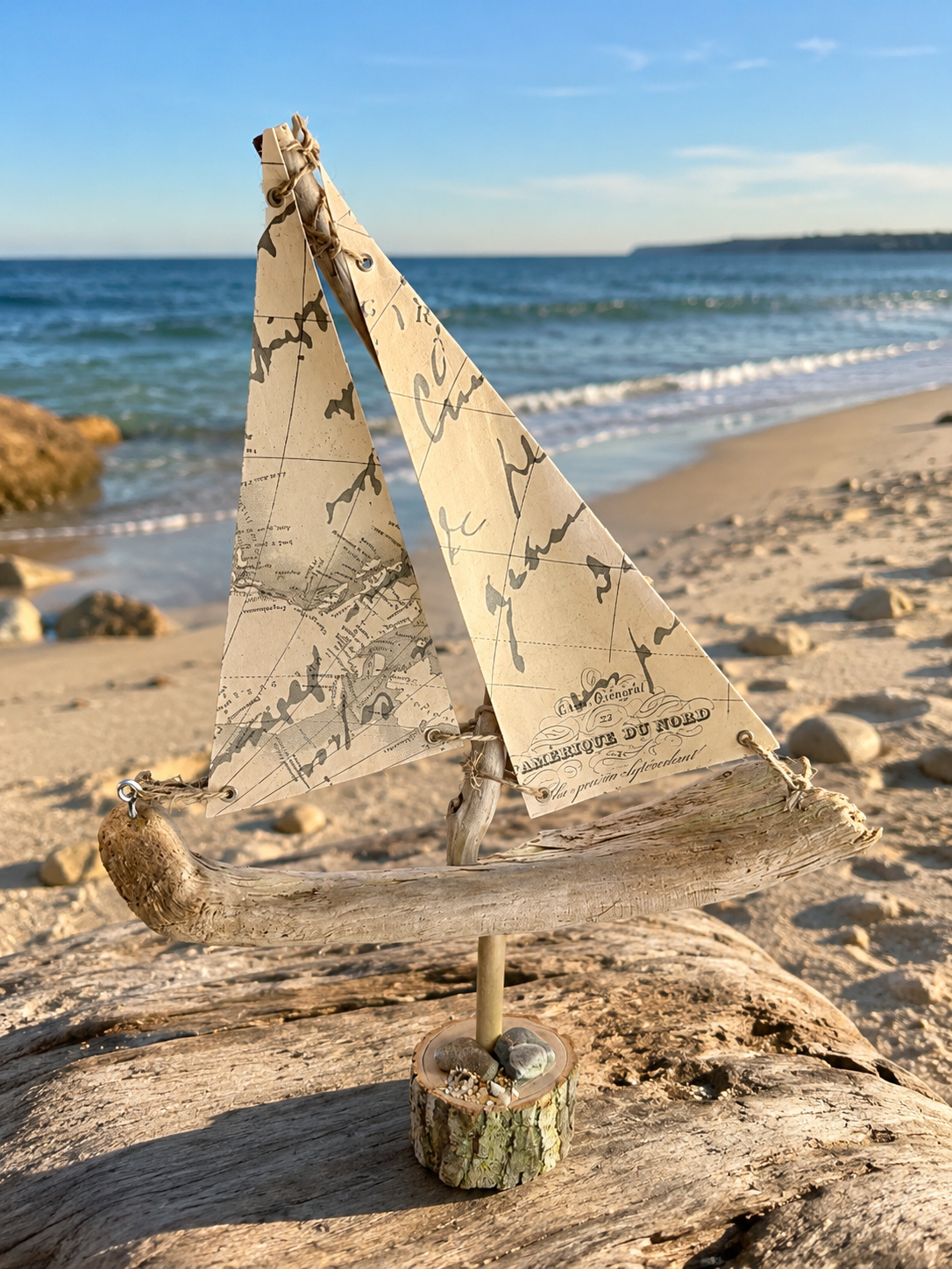 Handmade Driftwood Sailboat with Vintage Map Sails – Coastal Nautical Decor - Made in USA