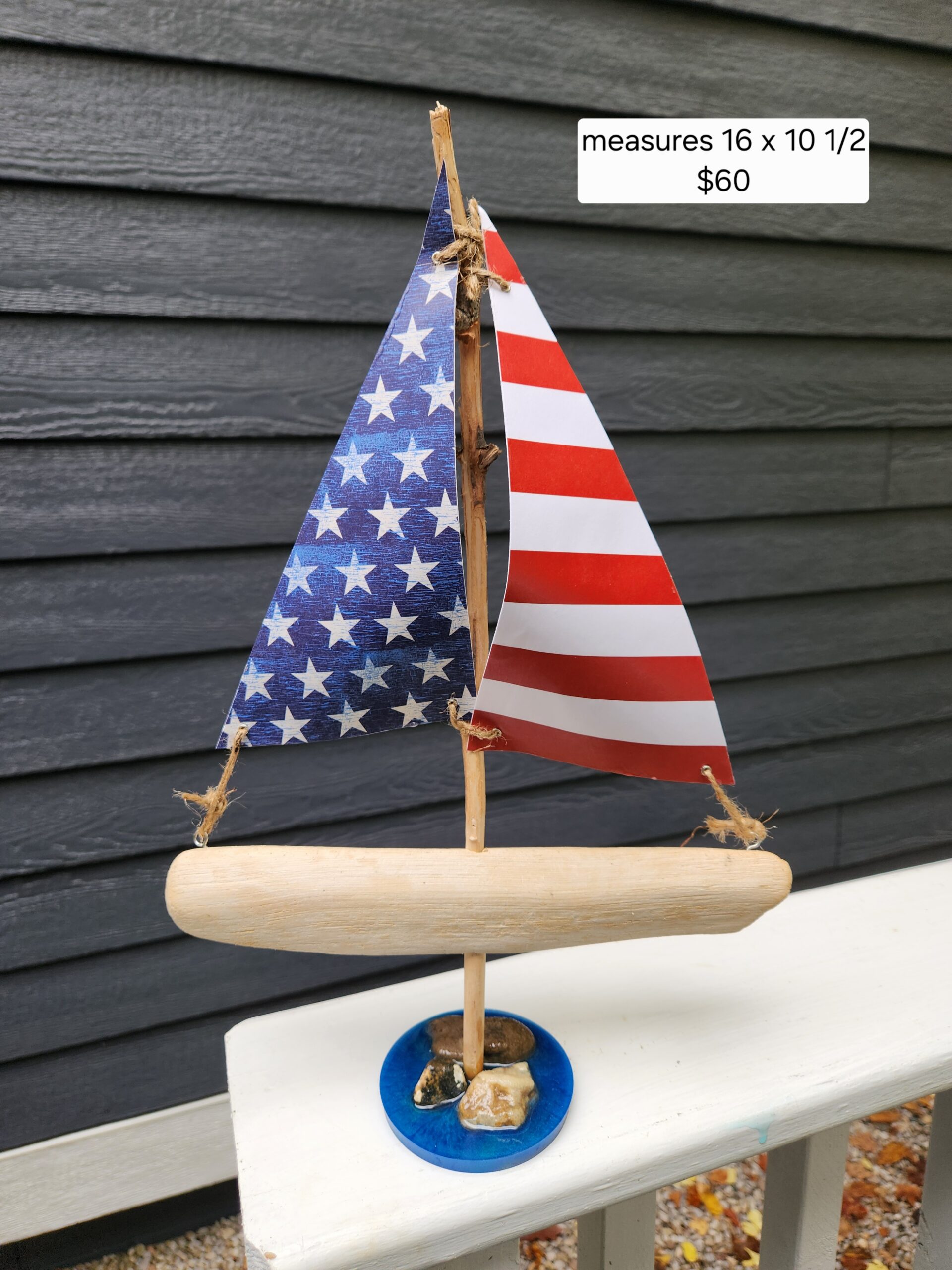 Handmade Driftwood Sailboat with American Flag Sails - Image 2