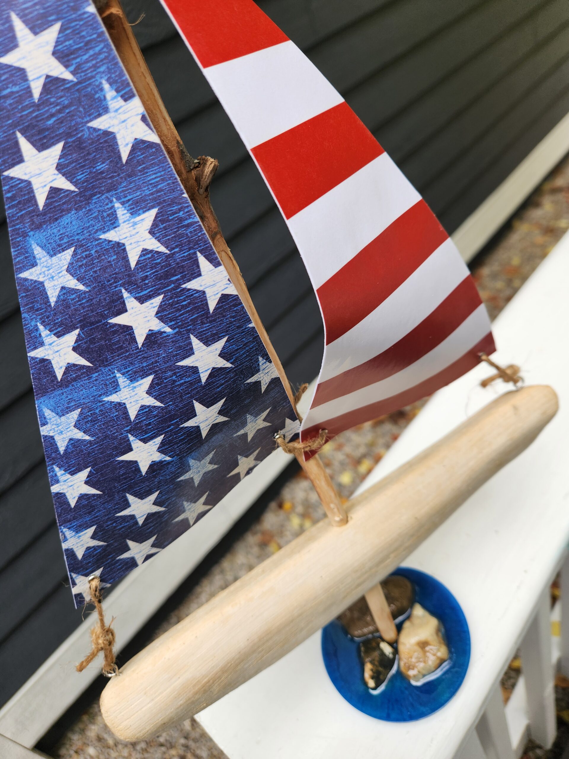 Handmade Driftwood Sailboat with American Flag Sails - Image 3