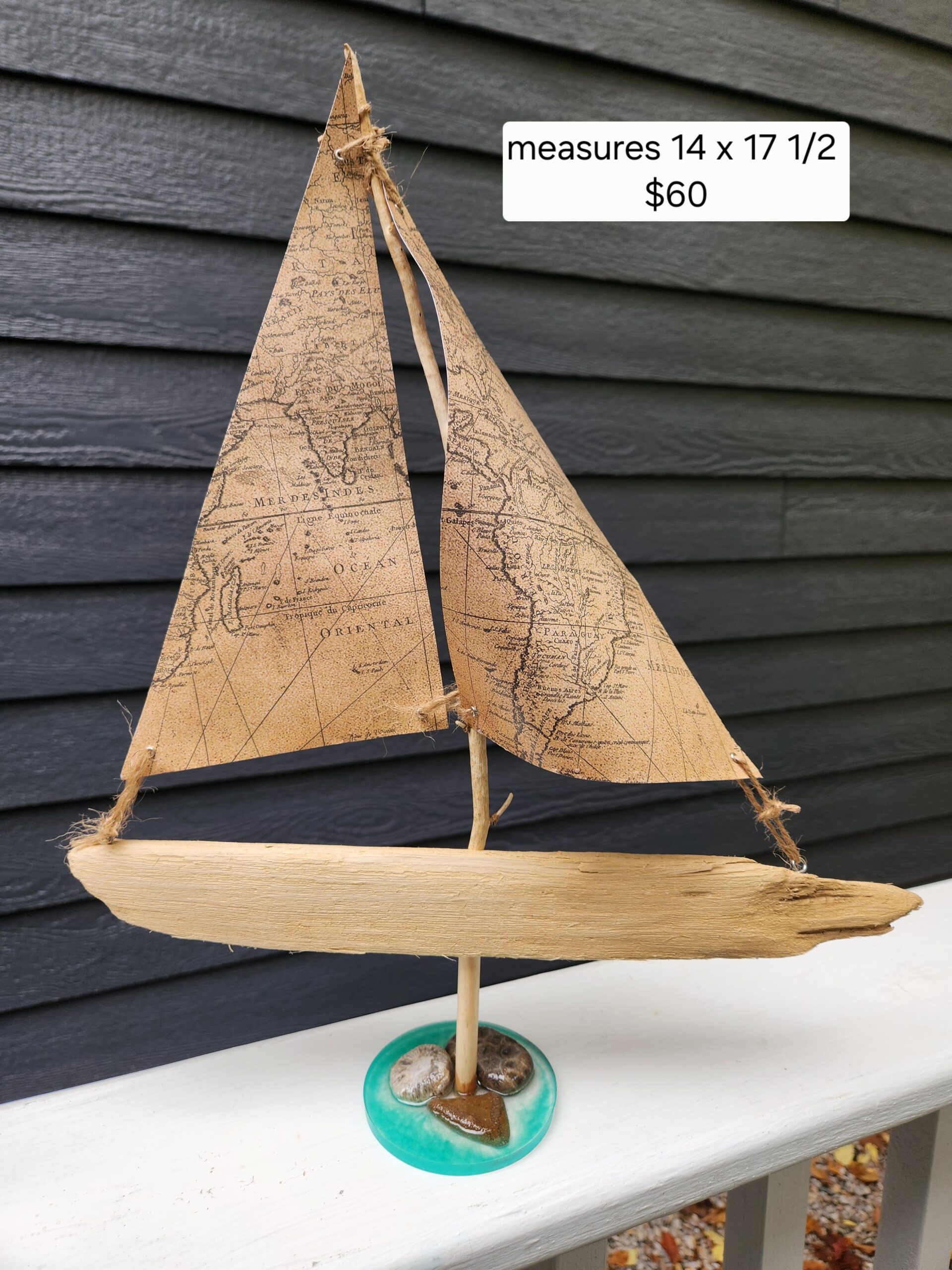 Handmade Driftwood Sailboat Decor – Map Sails - Image 2