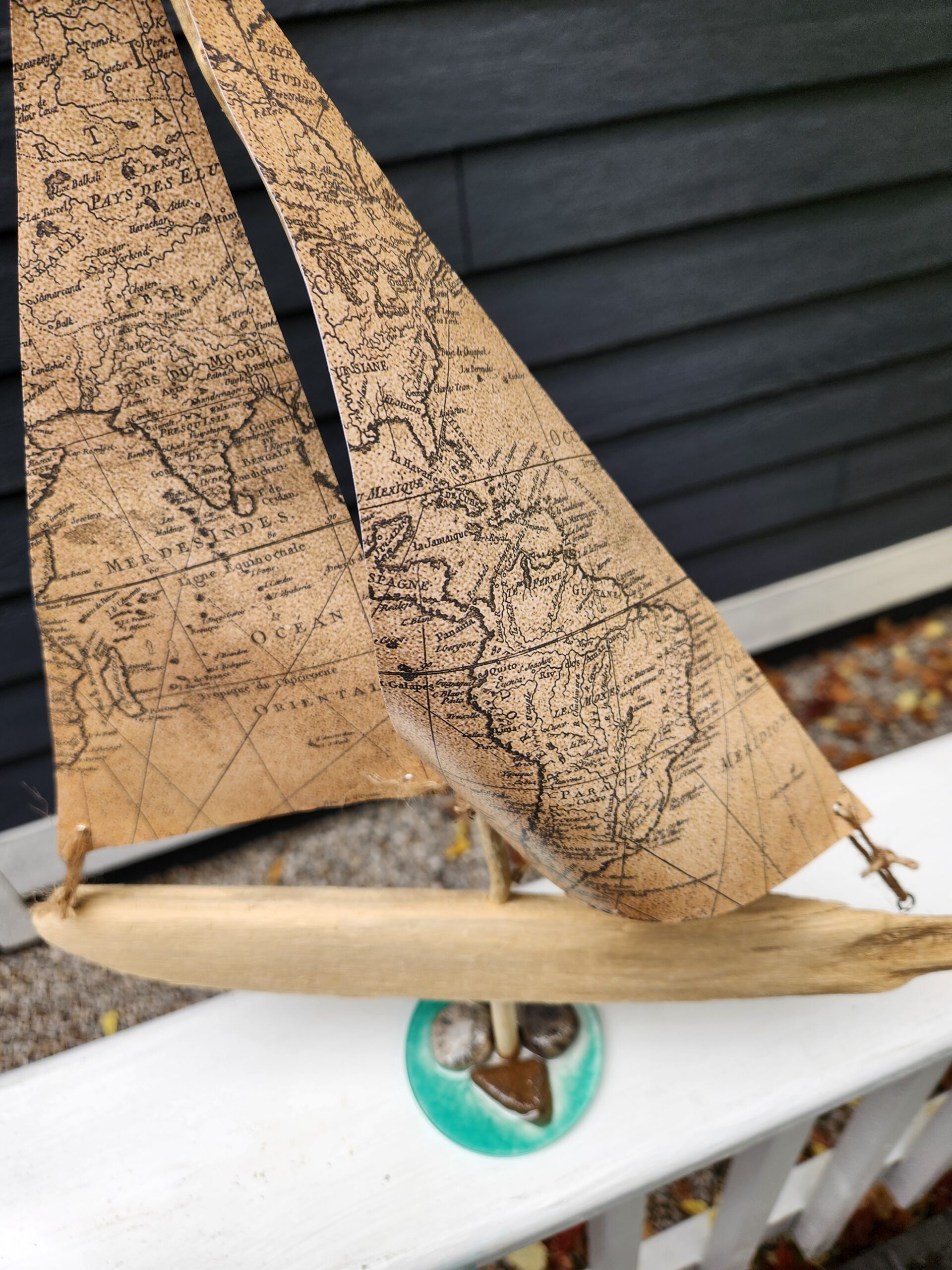 Handmade Driftwood Sailboat Decor – Map Sails - Image 3