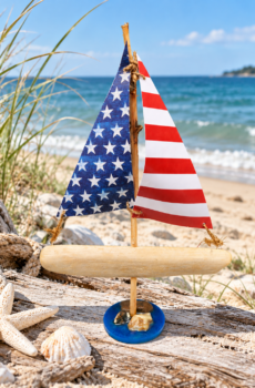 Handmade Driftwood Sailboat with American Flag Sails