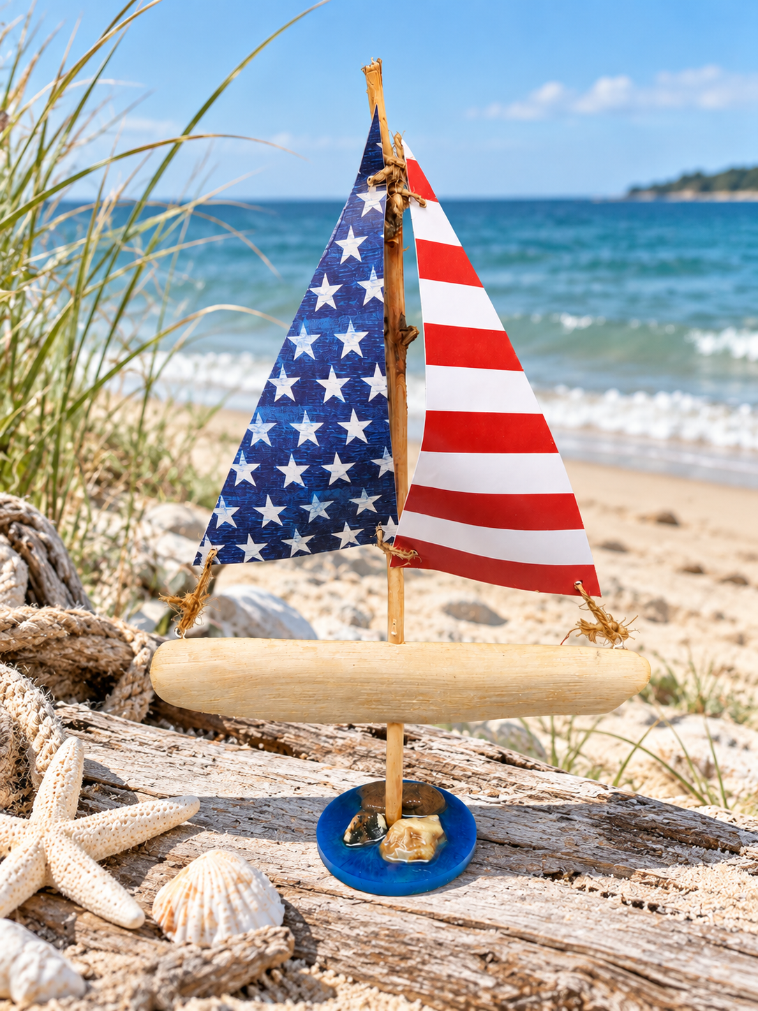 Handmade Driftwood Sailboat with American Flag Sails