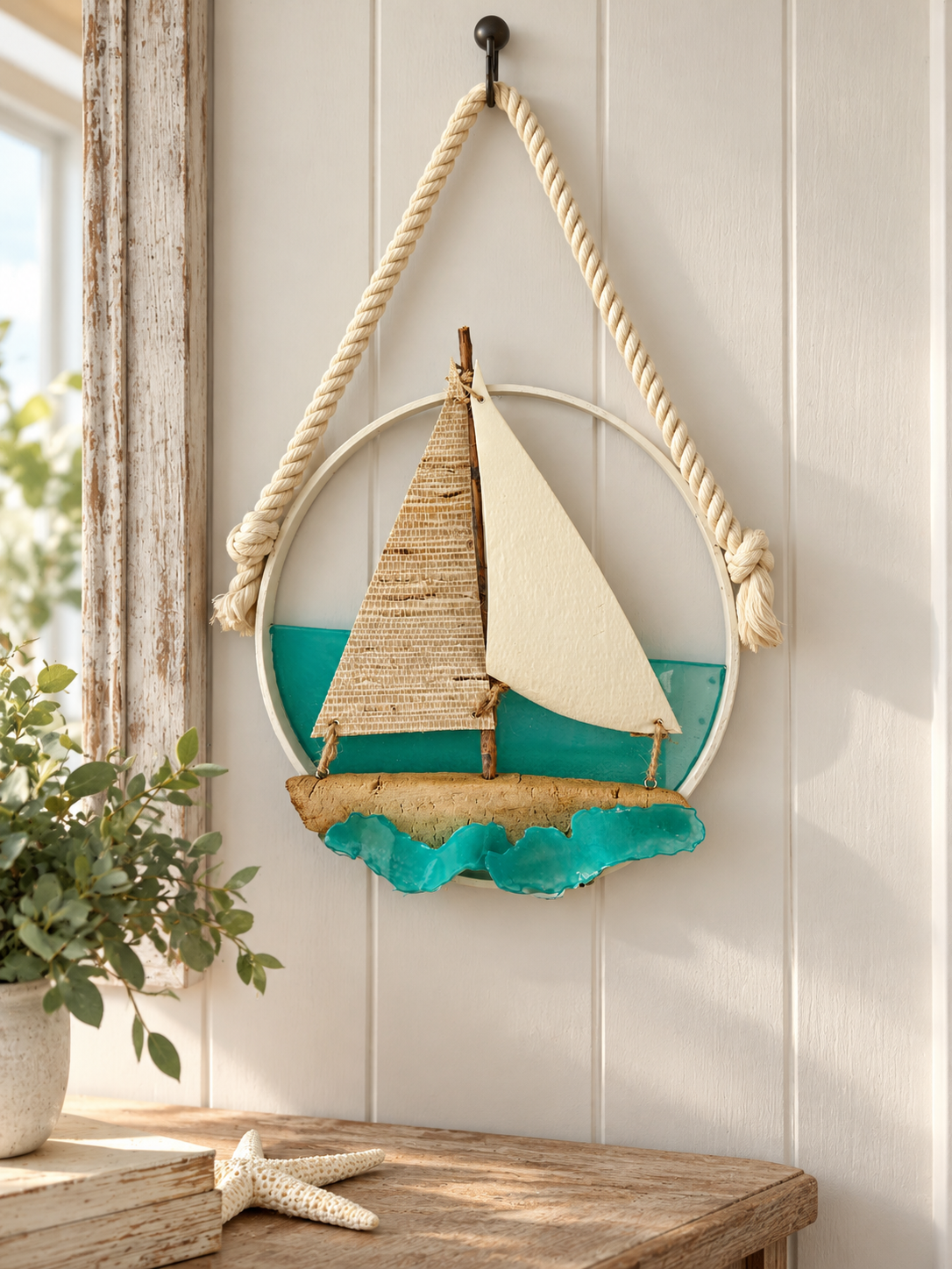 Handmade Coastal Driftwood Sailboat Wall Art & Suncatcher