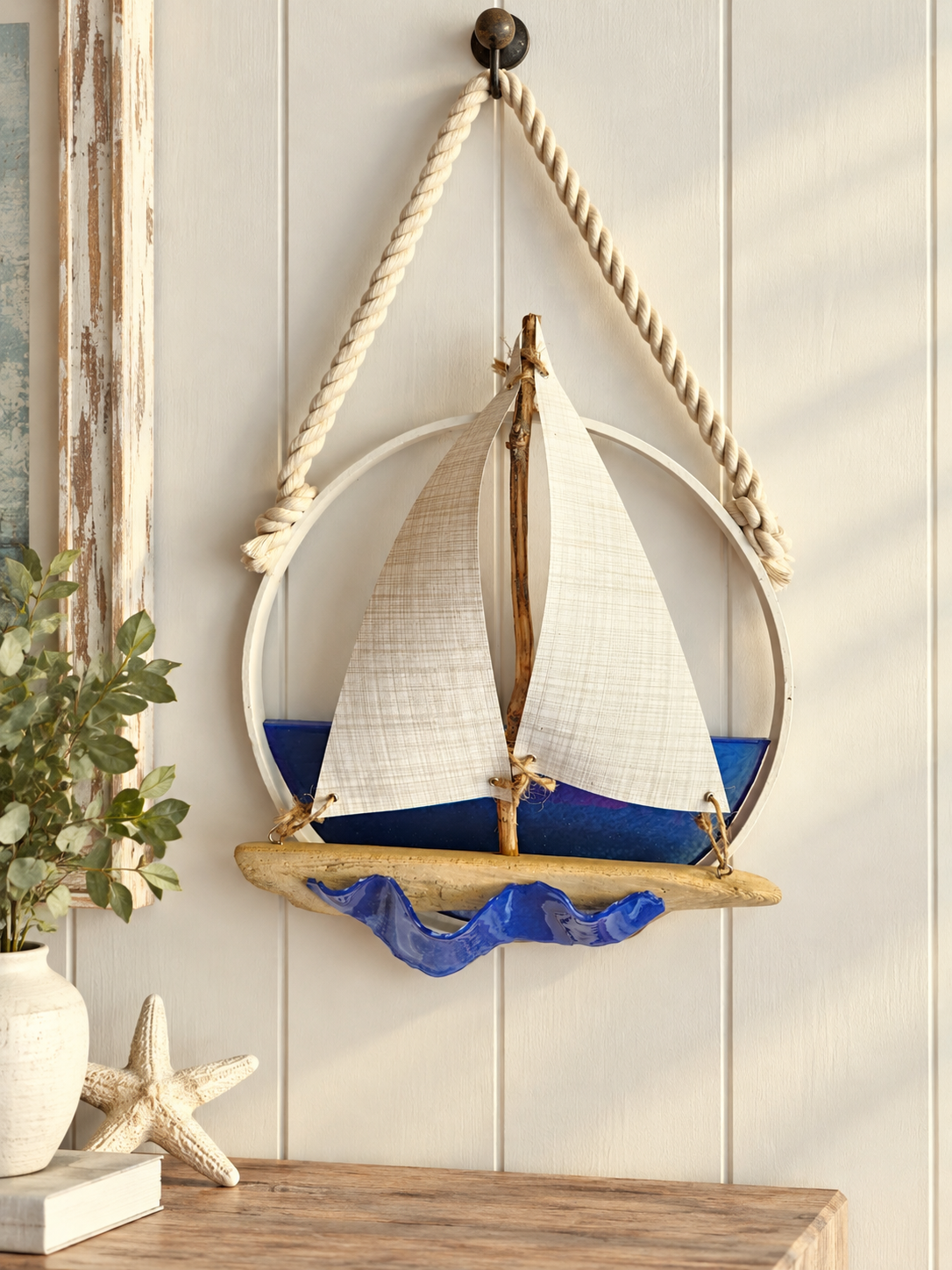 Handmade Coastal Driftwood Sailboat Wall Art & Suncatcher