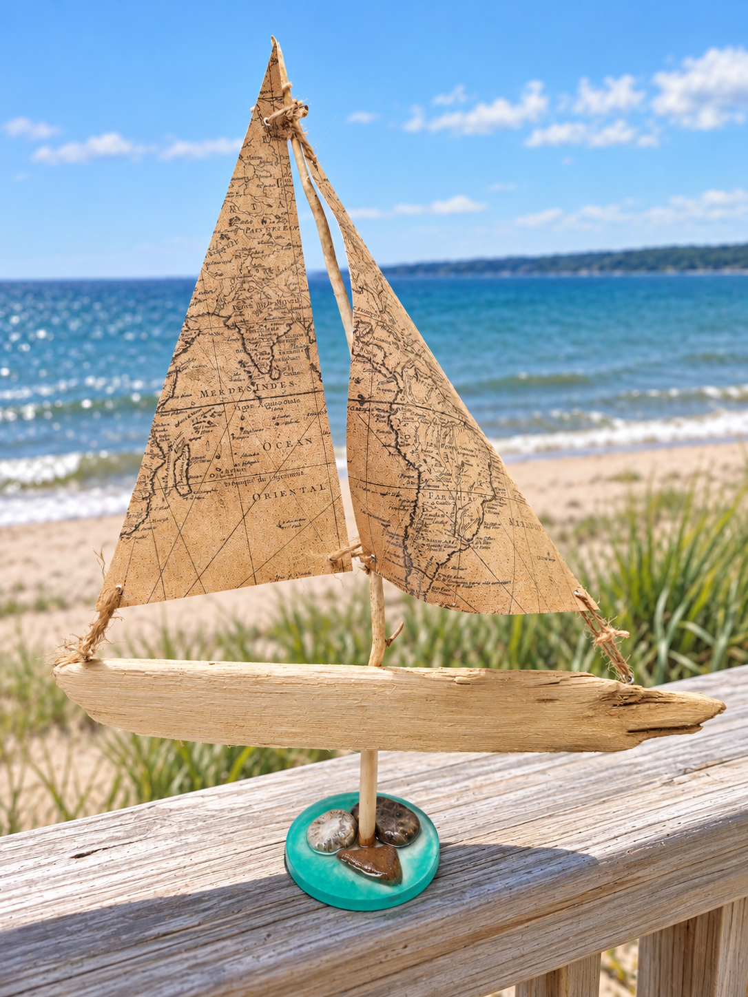Handmade Driftwood Sailboat Decor – Map Sails