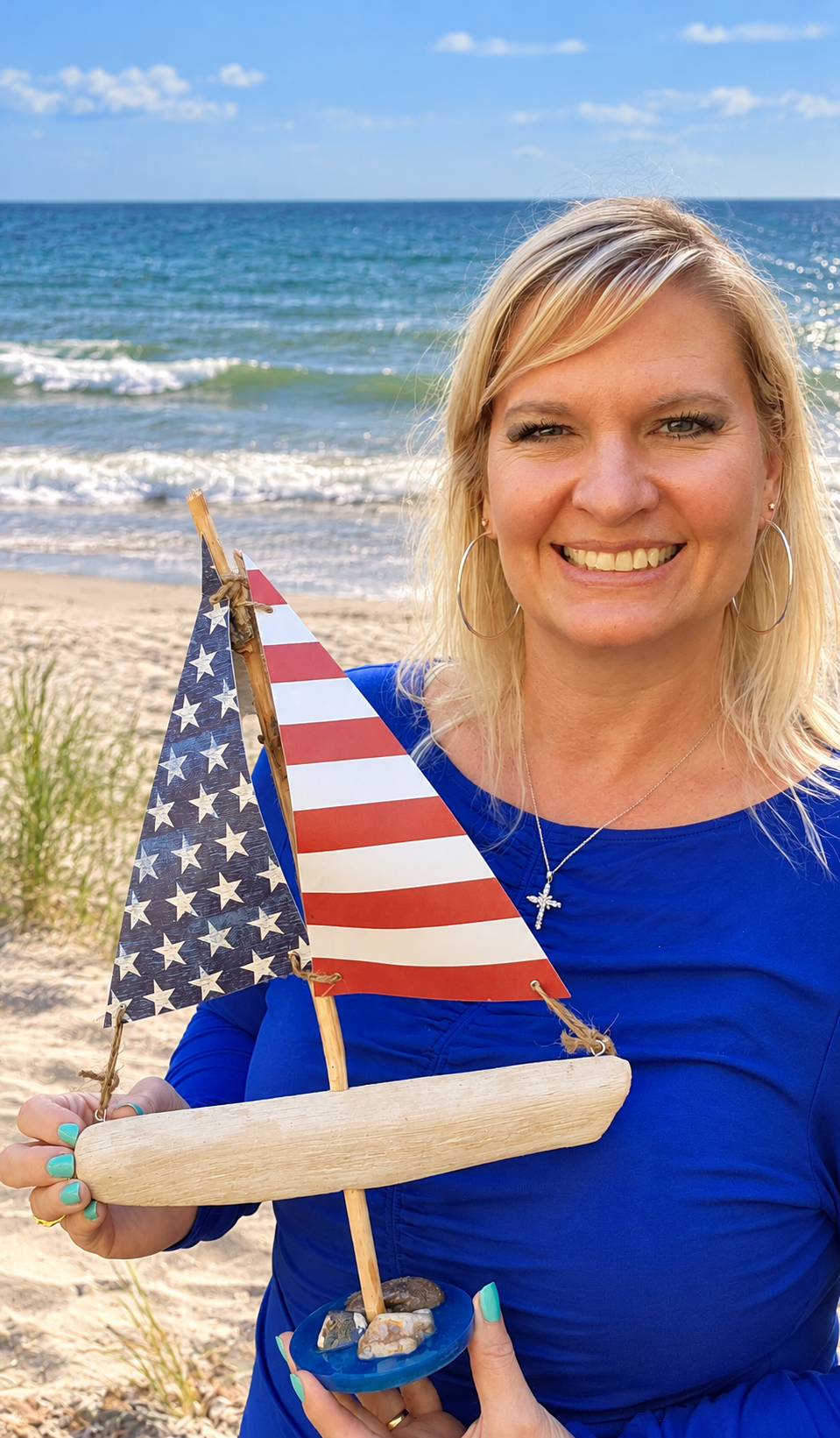 Handmade Driftwood Sailboat with American Flag Sails - Image 4