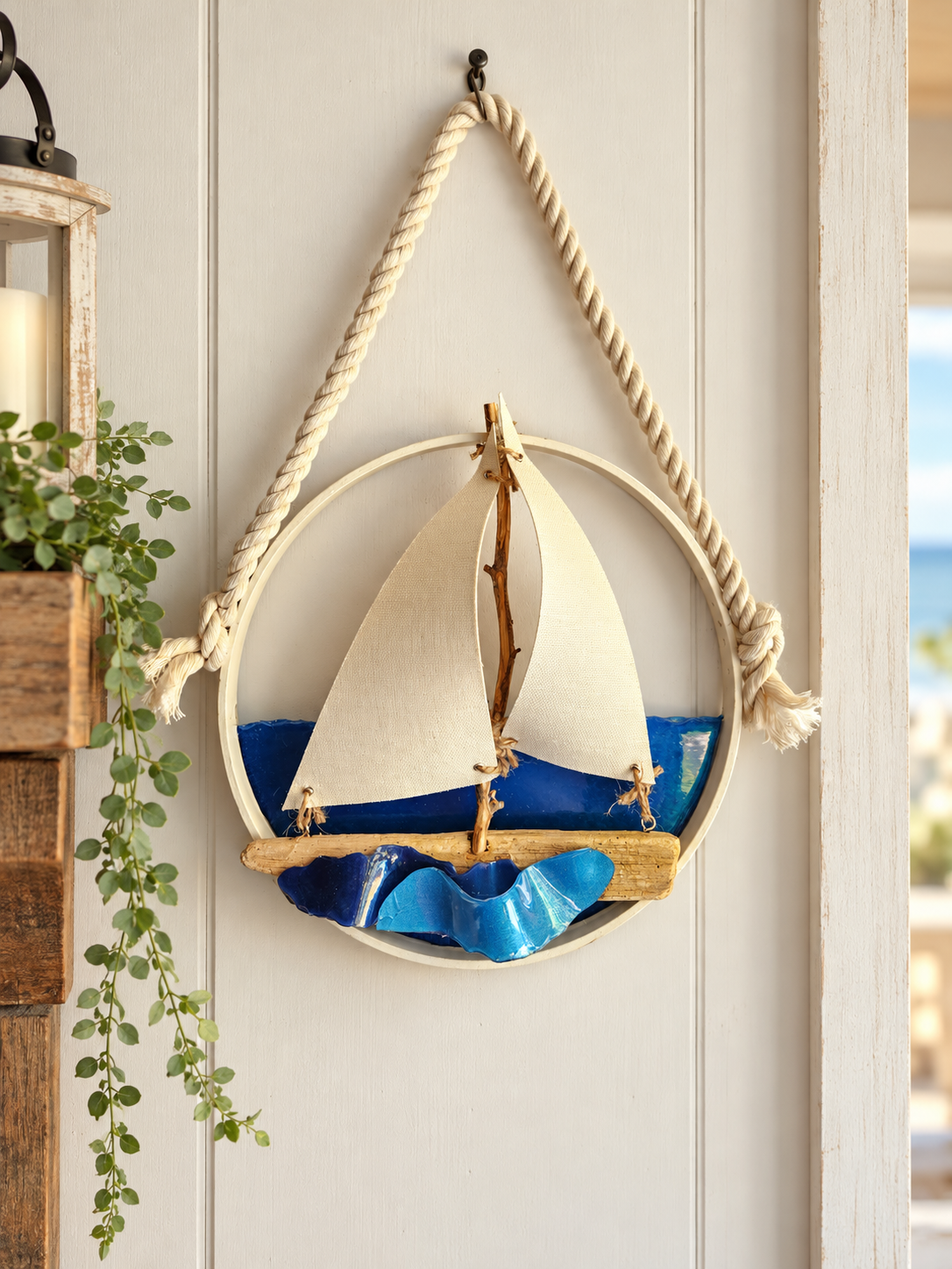Handmade Coastal Driftwood Sailboat Wall Art & Suncatcher