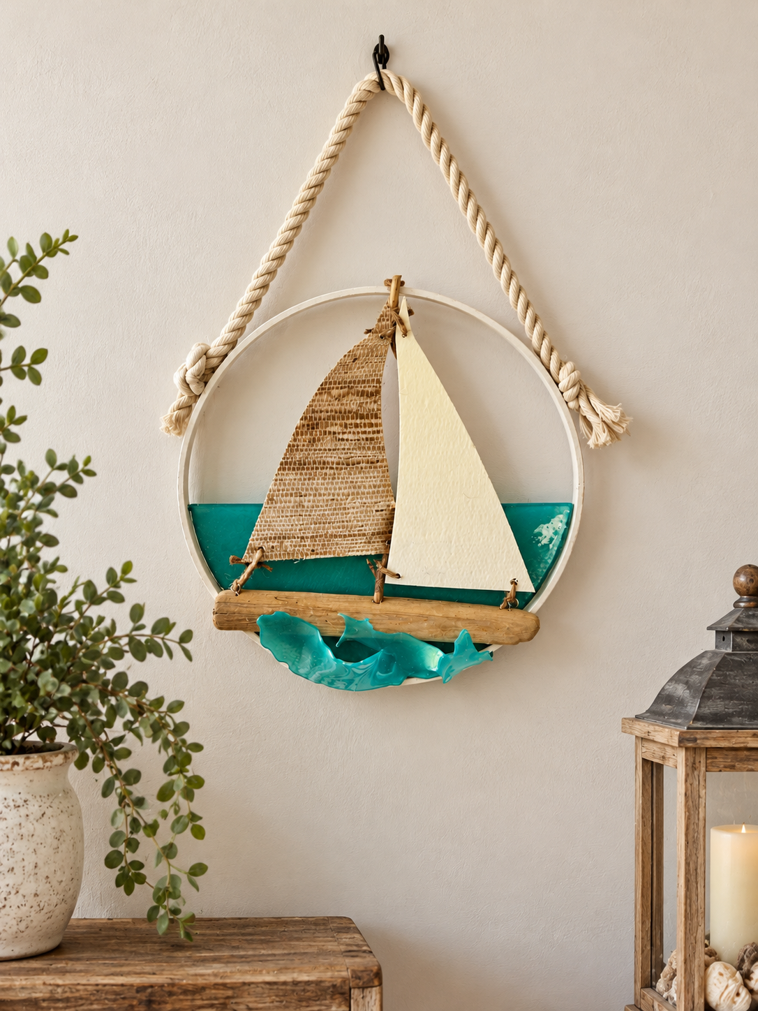 Handmade Coastal Driftwood Sailboat Wall Art & Suncatcher